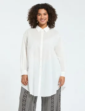 Camisa de mujer larga de algodón dobladillo redondeado y ligeramente más largo en la parte trasera - Fiorella Rubino - FashionsVida