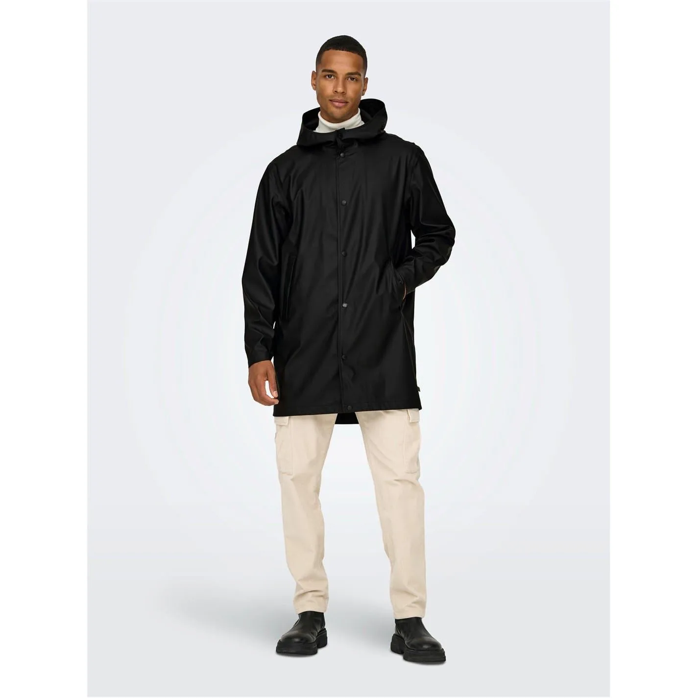 Mens Solid Patterned Hooded Snap Button Rain Coat In Black - Size X-Small - Only - FashionsVida