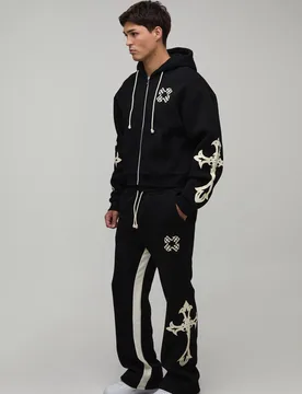 Men's Shrunken Cross Hooded Zip Flare Gusset Tracksuit Black Size Small Black S - boohooMAN - FashionsVida
