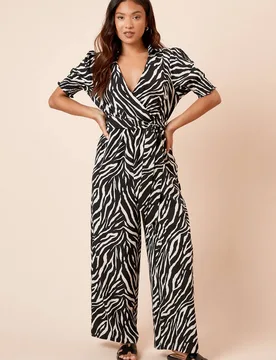 Women's Petite Wrap Front Puff Sleeve Jumpsuit in Zebra Size: 12 - Zebra - Size: 12 - Dorothy perkins - FashionsVida