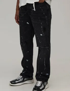 Men's Ripped Knee Paint Splatter Flared Jeans Washed Black Size 40R Washed Black 40R - boohooMAN - FashionsVida