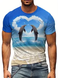 Men'S Soft Polyester 3D Dolphin Print T-Shirt - Vibrant Beach Scene with Dolphins, Short Sleeve, Crew Neck, Machine Washable