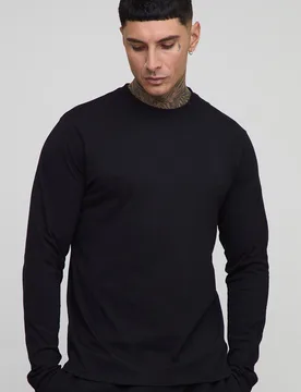 Mens Tall Regular Fit Long Sleeve Crew Neck T-Shirt - Black Cotton - Size Medium - boohooMAN - FashionsVida