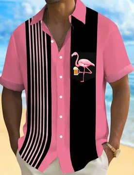 Camisa hawaiana de manga corta con bolsillo, de talla grande para hombre, con estampado de flamencos y rayas y estampado de cerveza - Shein - FashionsVida