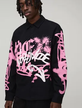 Men's Oversized Long Sleeve Graffiti Spray Print Shirt Black Size X-Large Black XL - boohooMAN - FashionsVida