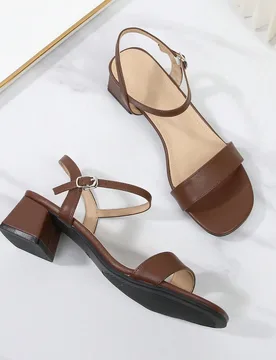 Sandalias de tacón grueso con espalda abierta para mujer, tacón medio de moda con punta abierta y tira trasera, zapatos de tacón alto talla grande - Shein - FashionsVida