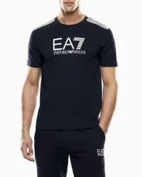 T-shirt mezza manica blu in cotone con stampa logo frontale e dettagli a righe