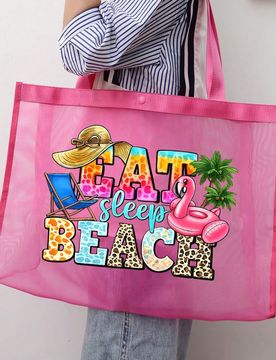 Pieza/2pcs Bolsa de malla de gran capacidad con decoración de letras, bolsa de malla de poliéster multifuncional de gran capacidad y set de bolsa de