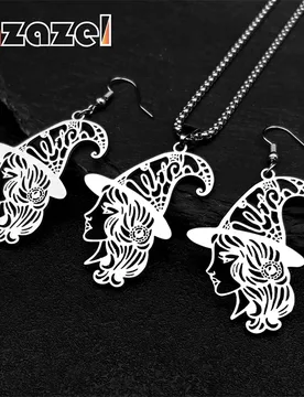 Witch Head Hollow Flower Necklace Earring Set For Women Men Stainless Steel Black Color Witchcraft Halloween Jewelry Gifts - Aliexpress - FashionsVida