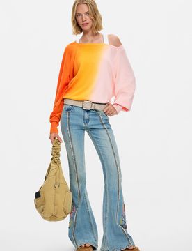 Jean à surpiqûres fleurs, , Coton, Bleu, 34