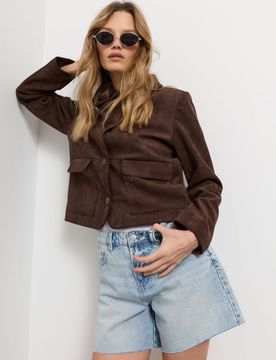 Bermuda in denim alta vita con applicazione lucida - blu