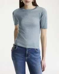 T-shirt maniche corte azzurra in filato di lana e tencel con cristalli blu applicati all over