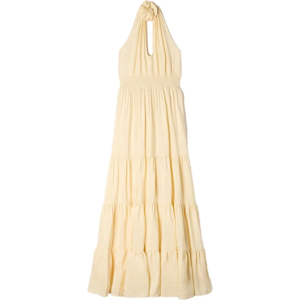 Vestido largo acampanado con espalda descubierta con lino - sandro - FashionsVida