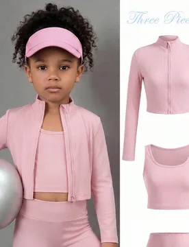 Conjunto deportivo de 3 piezas para niñas con cárdigan de manga larga con cremallera y cuello alto, chaleco corto de cuello cuadrado y shorts ajusta - Shein - FashionsVida