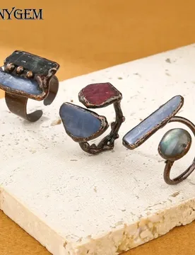 SHINYGEM Vintage Style Natural Green Tourmaline Labradorite Kyanite Bronze Plated Open Double-Ended Ring - Aliexpress - FashionsVida
