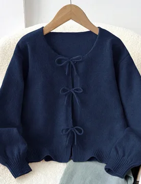 Cárdigan de invierno para niña preadolescente, holgado, casual, lindo, minimalista y cómodo, cuello redondo, manga larga, lazo anudado, lunares, az - Shein - FashionsVida