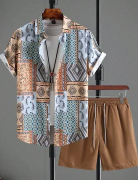 Hombres con estampado de paisley Camisa & de cintura con cordón Shorts sin camiseta - Shein - FashionsVida