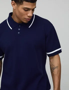 Men's Essential Relaxed Fit Contrast Tip Knit Polo Black Size Small Black S - boohooMAN - FashionsVida