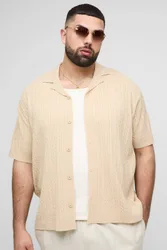 Herren Plus Oversized Boxy Kurzarm Revere Zopfstrick Hemd Stone Größe 2XL