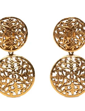 CC Gold Plated Filigree Double Orbs Dangle Clip On Earrings - Chanel - FashionsVida