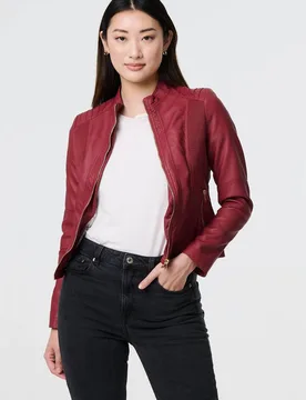 Women's Faux Leather Collarless Jacket in Red Size: 8 - Red - Size: 8 - Izabel London - FashionsVida