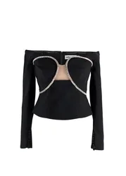 Self-Portrait Black Embellished Off-Shoulder Top & Mini Skirt Set