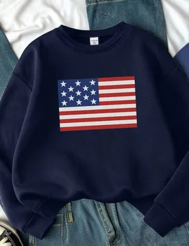 Sudadera informal con cuello redondo de ajuste relajado con estampado personalizado de bandera americana, cómoda para otoño/invierno, sudadera con b - Shein - FashionsVida