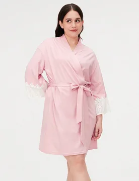 Bata de mujer sexy de verano rosa suave 100% algodón puro con encaje, pijama de dama de honor, camisón, ropa de baño, lencería nupcial y pijama - Shein - FashionsVida