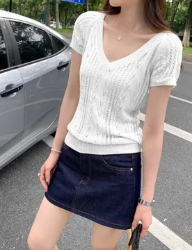 Summer New Gentle Style Hollowed Out V-neck Knitted Design with a Slightly Transparent Slim Fit Top for Women - Aliexpress - FashionsVida
