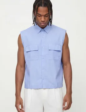 Men's Oversized Boxy Stripe Sleeveless Shirt Blue Size Medium Blue M - boohooMAN - FashionsVida