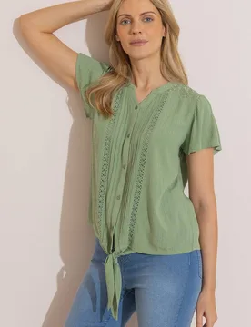 Women's Lace Trim Tie Front Blouse in Green Size: 20 - Green - Size: 20 - Klass. - FashionsVida