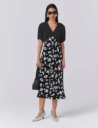 Floral V-Neck Midi Tea Dress Black Mix female