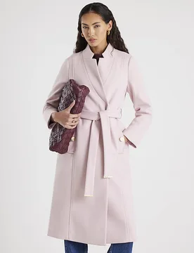 Womens Wrap Coat Pink Notch Collar Belted - Size 10 Uk - River Island - FashionsVida