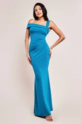 Off The Shoulder Pleated Waist Maxi Dress - Teal - Size: 18