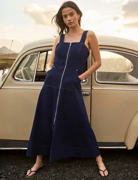 Denim Zip Up Midi Waisted Dress Blue Denim female - RO&ZO - FashionsVida