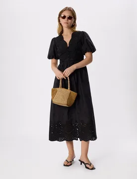 Pure Cotton Broderie Midaxi Waisted Dress Black female - Whistles - FashionsVida