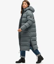 Superdry Women's Langer Steppmantel aus Mikrofaser Dunkelgrau - Größe: 40
