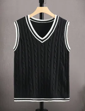 Chaleco de punto de cable con cuello en V y ribete a rayas de contraste, casual para hombres, otoño invierno, vacaciones - Shein - FashionsVida