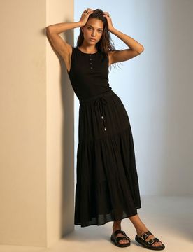 Gonna maxi con viscosa, laccetto e balze - nero