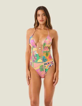 Costume intero a stampa tropicale con scollatura a goccia e charms foglie oro - 4giveness - FashionsVida