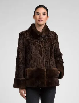 Chaqueta de pelo de mujer de tianjín y visón con cuello levantado - De la Roca - FashionsVida