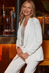 Womens Winter White Premium Glittering Jewel Embellished Blazer - Size 6 Uk