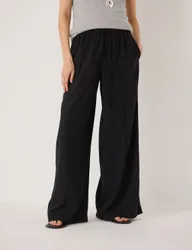 Linen Blend Wide Leg Trousers Black female