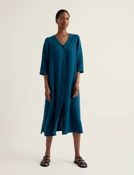 Pure Linen V-Neck Midi Shift Dress Teal female - Seasalt cornwall - FashionsVida