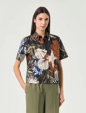 Camicia boxy a mezze maniche nera in popeline con arricciatura e stampa fantasia marina - Marella - FashionsVida