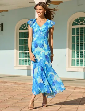 Sheer Floral V-Neck Empire Line Midi Waisted Dress Blue Mix female - Sosandar - FashionsVida