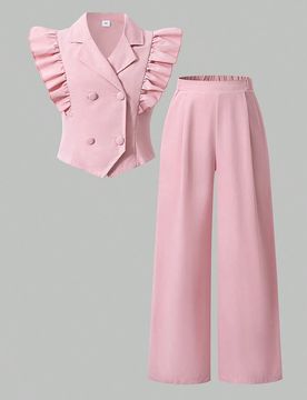 Conjunto de Chaleco Elegante de Estilo Dulce con Cuello de Solapa, Mangas Volantes y Doble Botonadura + Pantalones de Pierna Ancha para Niñas, Conjun