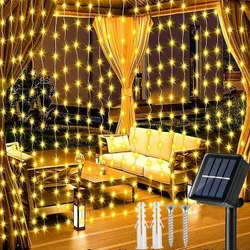 Pieza Luces de cortina solares con 300/200/100 cuentas LED, luces para exteriores con 8 modos de iluminación, adecuadas para Navidad, fiesta, boda, h