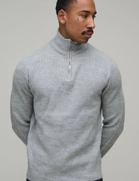 Herren Normal Geschnittener Strickpullover Mit Rippstruktur Und Viertelreißverschluss Grey Größe 4XL - boohooMAN - FashionsVida
