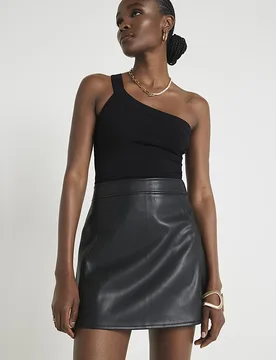 Womens Mini Skirt Black Faux Leather Pu - Size 14 Uk - River Island - FashionsVida